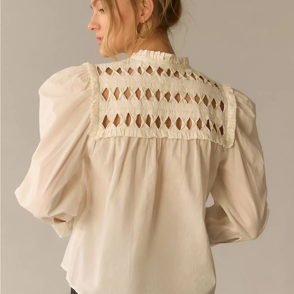 New, never worn. Self Contrast Puff-Sleeve Blouse Anthropologie M medium
